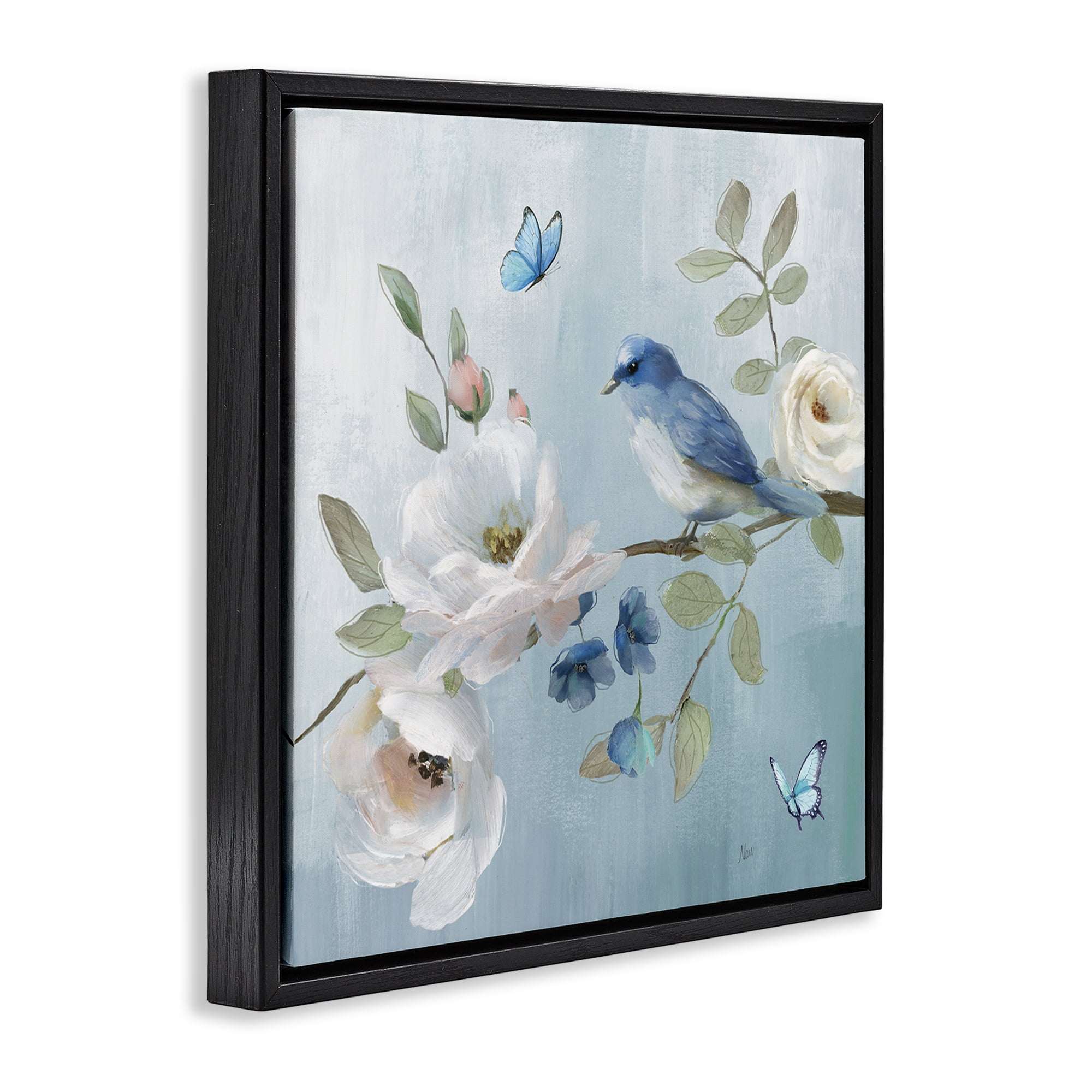 Stupell Industries Pastel Blue Bird Blooms Black Framed Floater Canvas Wall Art, design by Nan