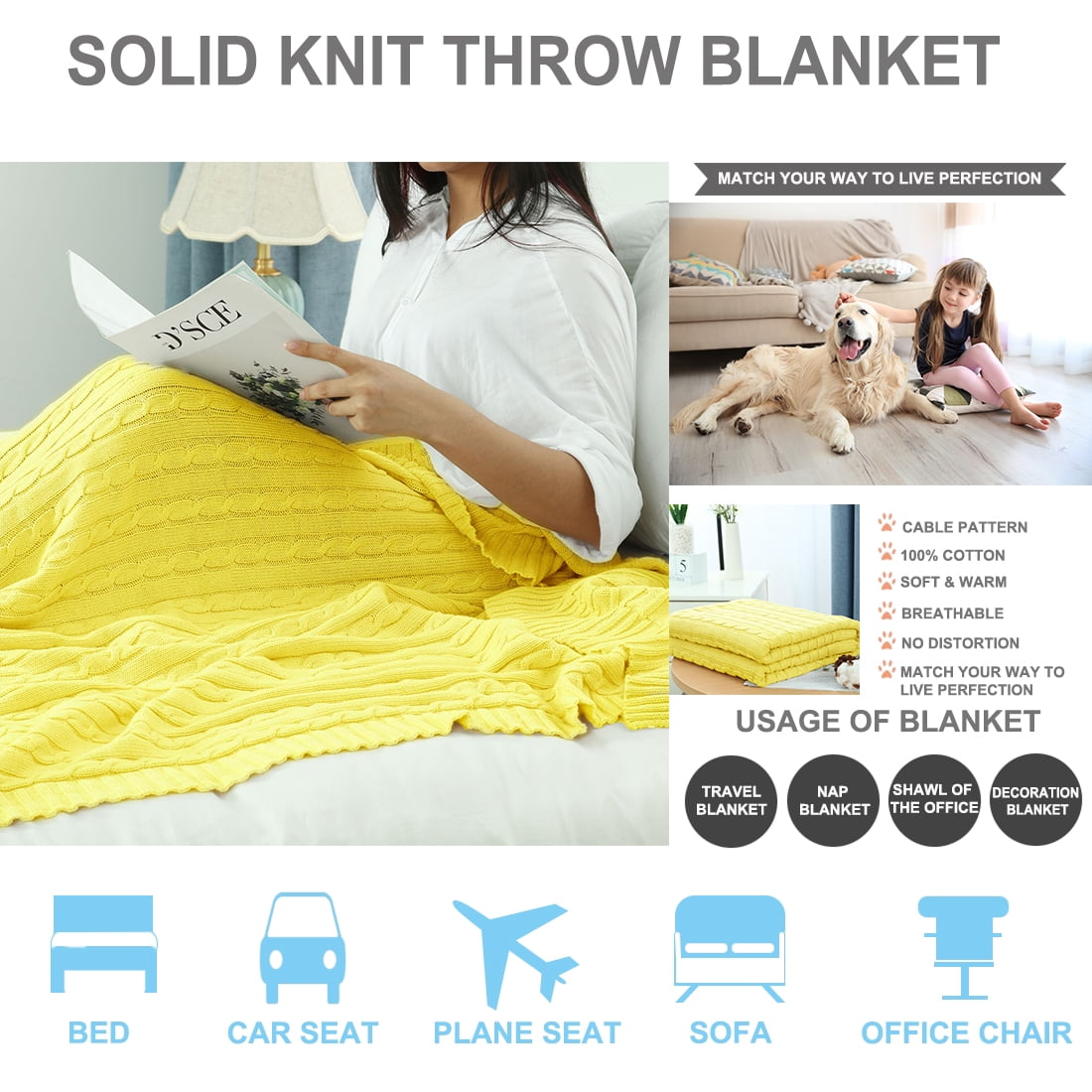 Unique Bargains 100% Cotton Cable Knit Throw Bed Blanket Yellow 51" x 59"