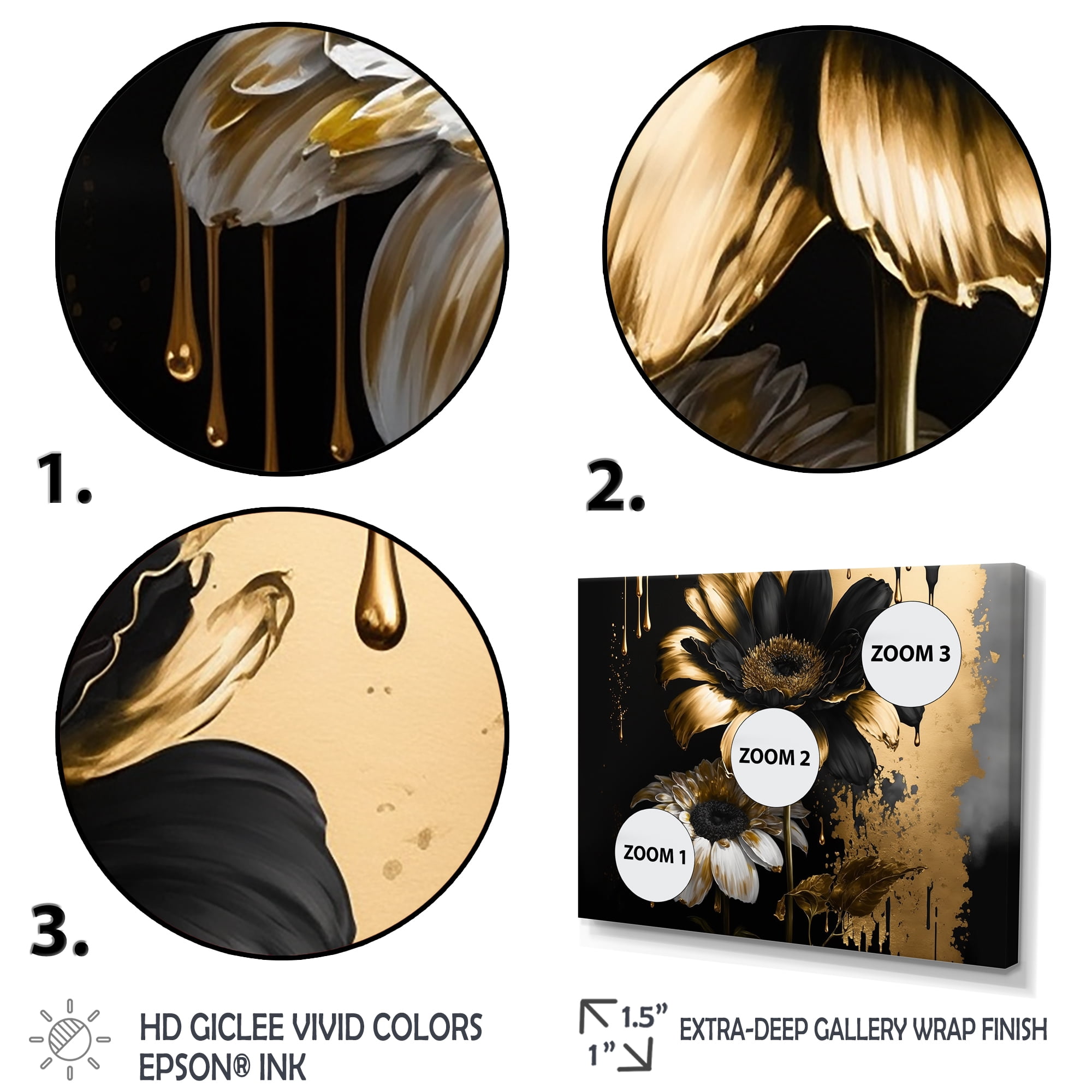 Designart Black And Gold Daisy II Canvas Wall Art
