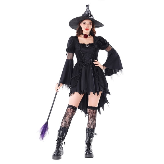 KLHDSF Women's Black Gothic Witch Dress Halloween Costume Cape Sleeve Sweetheart Neck Cosplay Outfit Black L