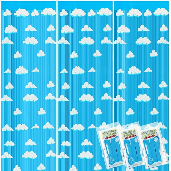 Blue Sky White Clouds Birthday Party Supplies, Clouds Theme Tinsel Foil Fringe Curtains Toy Party Supplies, Cartoon Story Backdrop for Baby Shower Decorations(5 Pack)