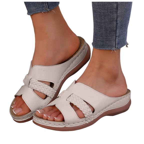 Womens Orthopedic Slides Sandals Comfortable Leather Peep Toe Walking Slip on Summer Shoes with Arch Support