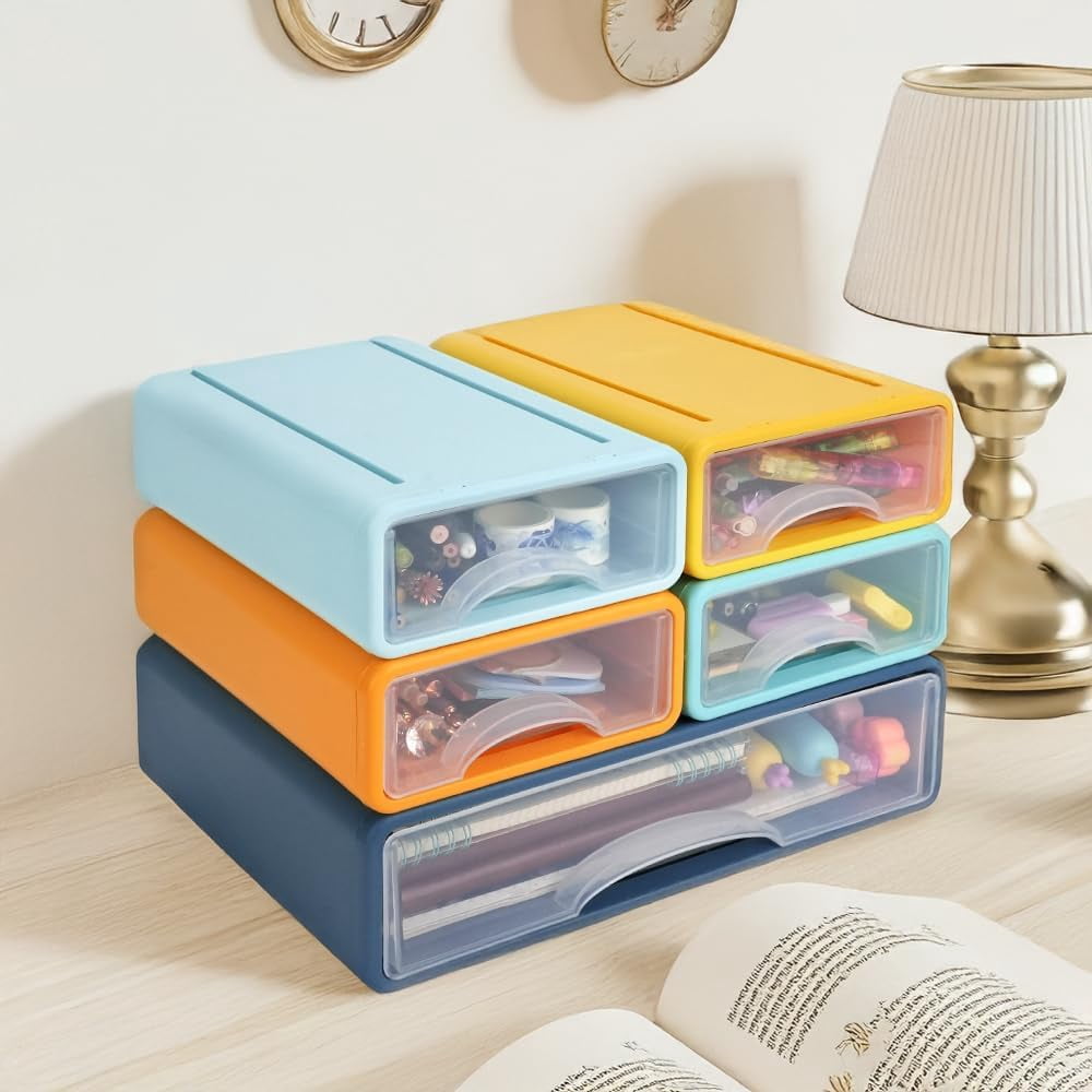 IBEQUEM 3 Tier Desktop Organiser with Drawers, Stackable Storage Box on Desk, Large Capacity Detachable Makeup Storage Drawer for Desk Office Home