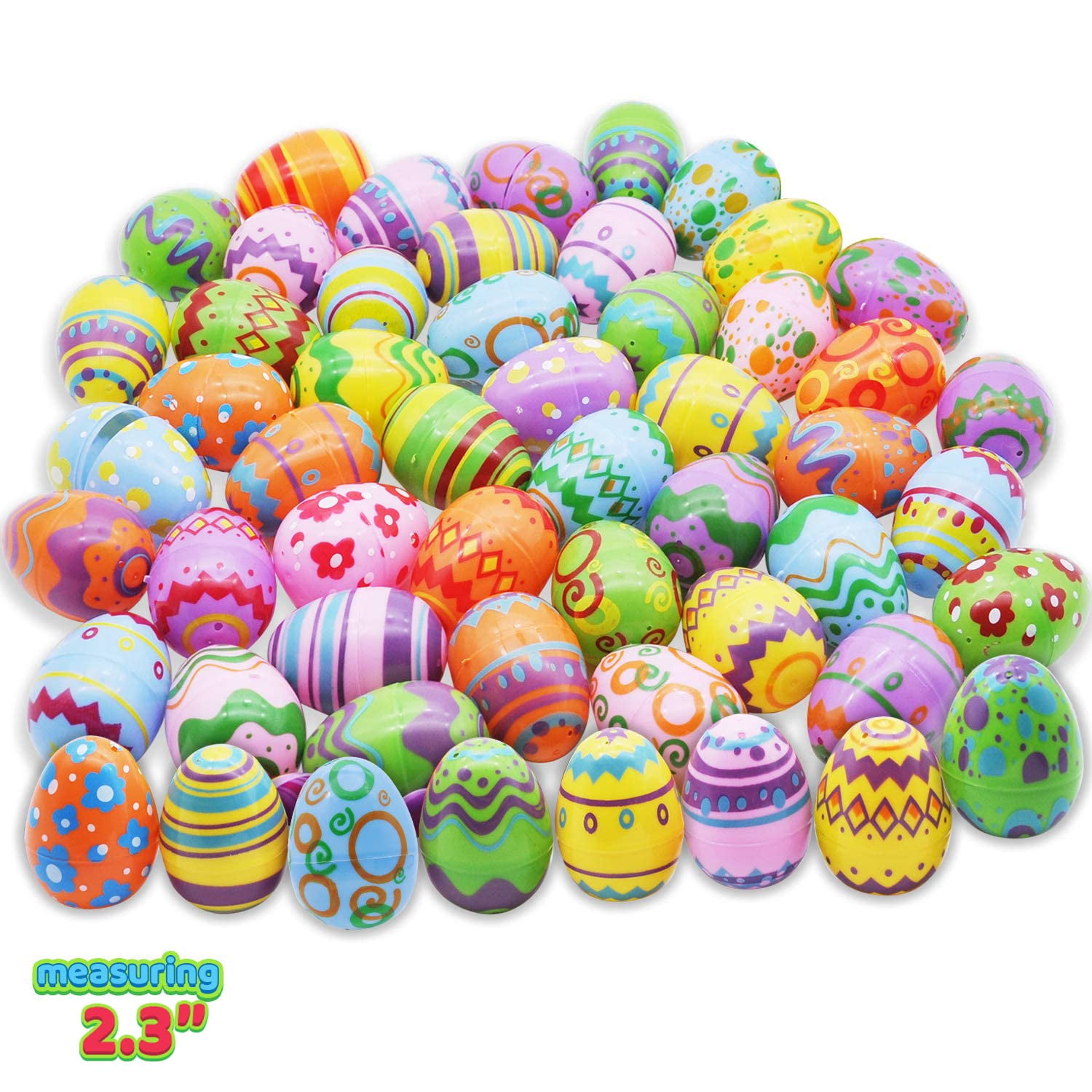 Joyfy 48 Pcs Bright Easter Eggs, 2.3" Tall Emply Plastic Printed Easter Eggs for Easter Egg Hunt, Basket Stuffers Fillers, Classroom Prize Supplies, Filling Treats and Party Favor
