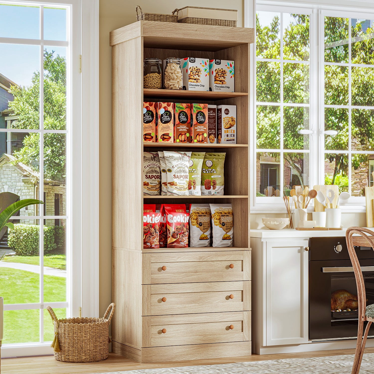 71"Tall Kitchen Pantry Storage Cabinet,Large Wood Bookcase Adjustable Shelves with 3 Drawers for Dining Room Living Room,Brown,4Pcs