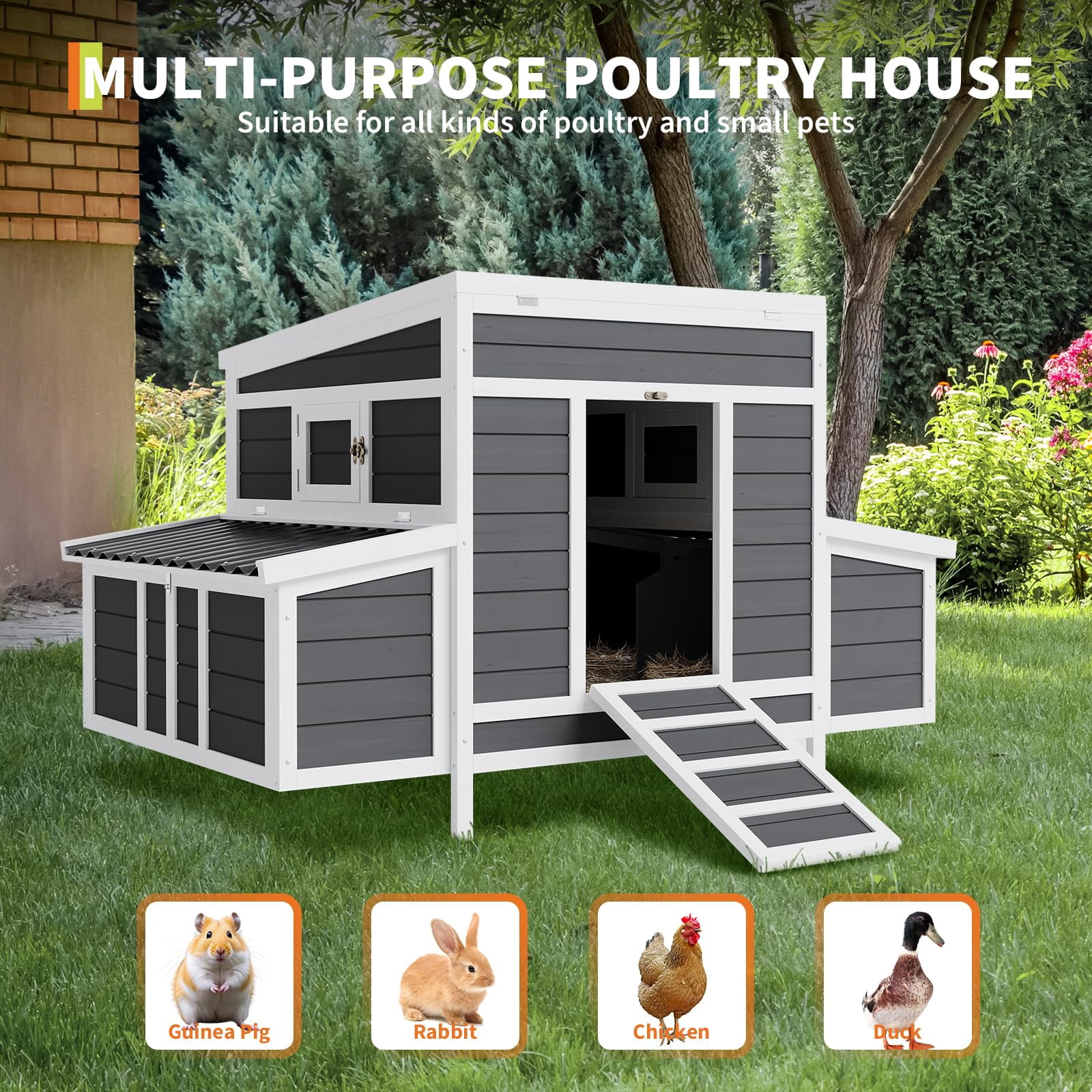 Huisuilinss Wooden Chicken Coop,Large Hen House For 4-6 Chickens,Outdoor Poultry Cage Rabbit Cage With 6 Nesting Boxes,Ramps & Tray