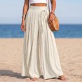 thumbnail image 2 of Women's Cotton Linen High Waist Tie Strap Pleated Wide Leg Pants, Elastic Waist Loose Pocket Resort Trousers, Soft Breathable Summer Bottoms for Travel Daily | TruHer,Beige L, 2 of 7