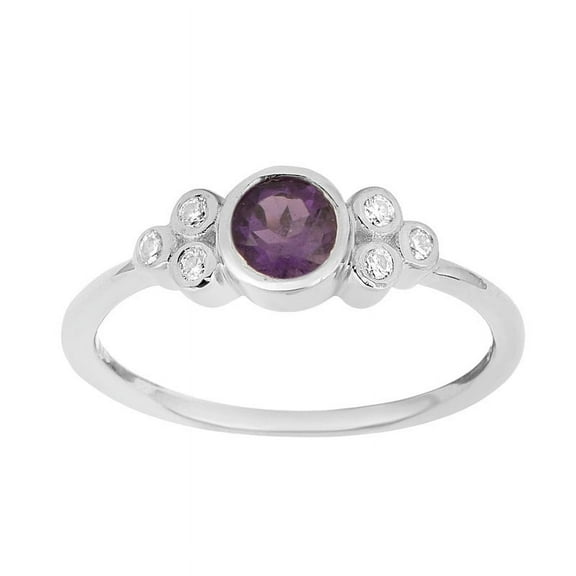 4mm Round Amethyst Gemstone 925 Sterling Silver Solitaire Trio Accents Women Engagement Ring