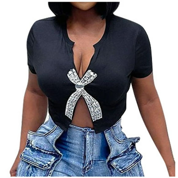 LUOGENLI Female T-shirts for Womens Women's Summer Fashion Short Slim Fit Solid Color Short Sleeve Split Hot Top Shirt T-shirts for Women Graphic Tee Summer Clothes Black M