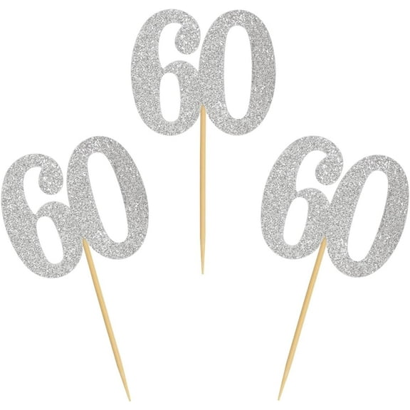 12pcs 60th Cupcake Toppers Silver Glitter Number 60 Cake Picks for Birthday Wedding Anniversary Party Decorations