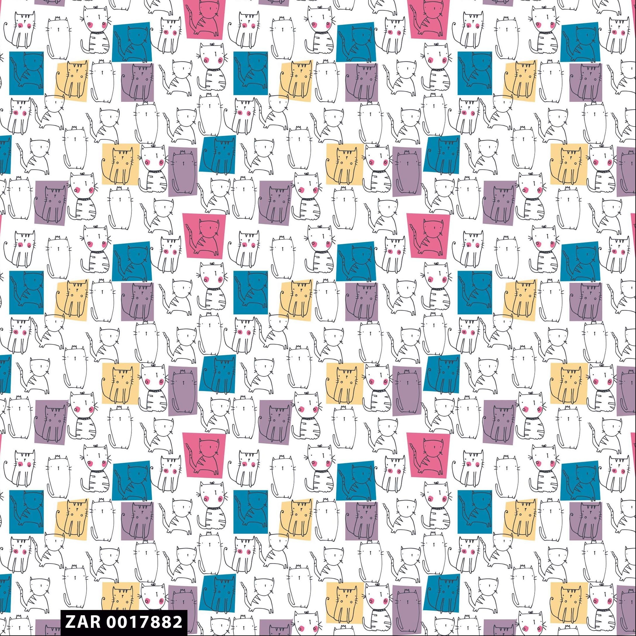 FREE SHIPPING!!! Conversational Happy Cat Illustration Pattern 100% Cotton Quilting Fabric by the Yard - (White, Teal, Dusty Lilac and Buff)