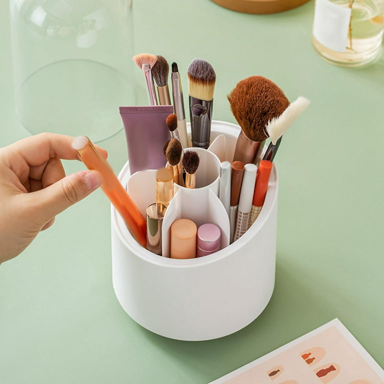 Simple Rotating Makeup Brush Holder 6 Slots Multifunctional Vanity Storage  Box Container for Comb Nail Bathroom Rack Dresser , White no Lid, 12x12xcm