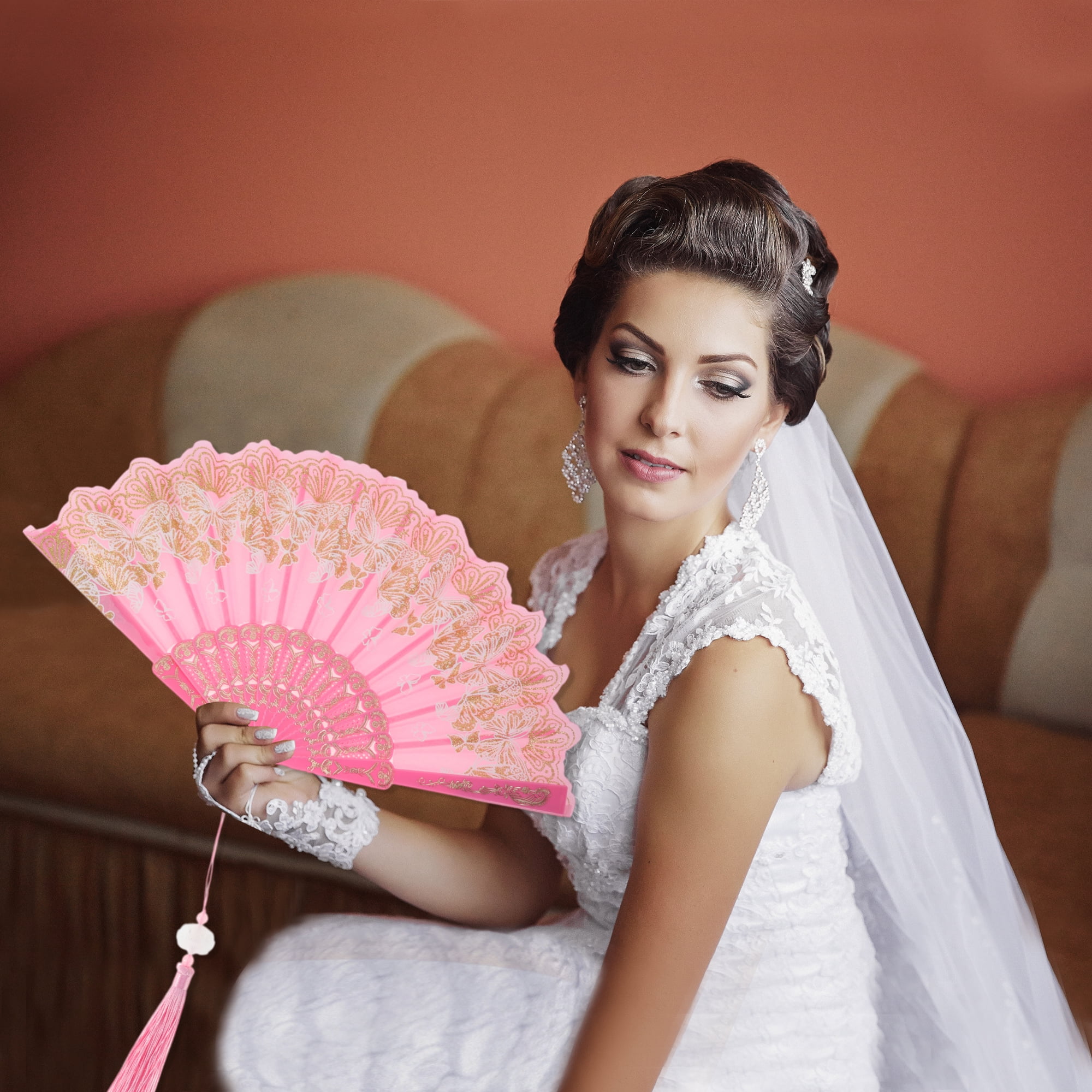 Unique Bargains Elegant Butterfly With Tassel Folding Fan 1PC Pink