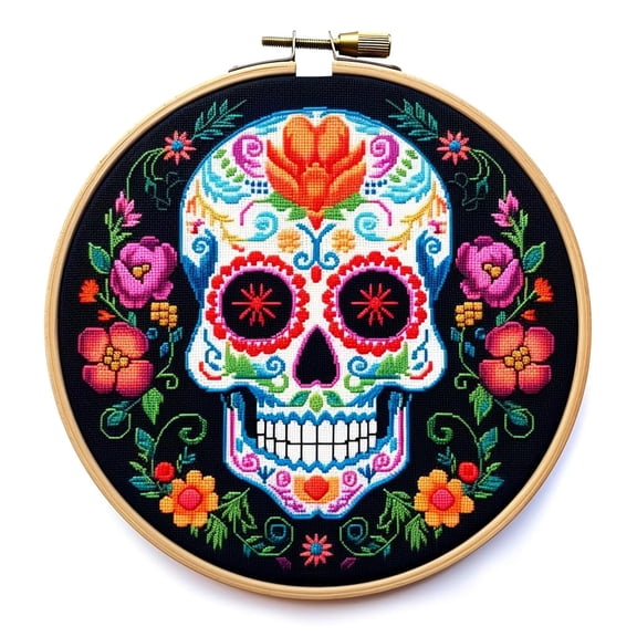 Colorful Skull DIY Stamped Cross Stitch Kits for Beginners Easy with Hoop 11CT Needlepoint Embroidery Counted Cross Stitch Kits Art Craft Wall Decor and Gift 35x35cm(1)