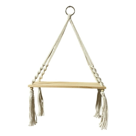 SLYNSHome Macrame Wall Hanging Shelf,Rustic Wood Floating Storage Shelf White Indoor Pot Holder Rope Display Shelving Plant Hanger for Wall Decor