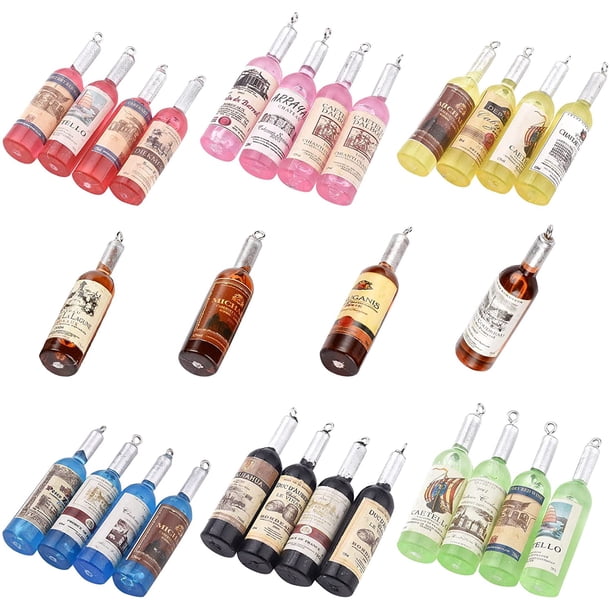 28 dijes de resina para botellas de vino, etiquetas grandes para botellas de vino, dijes aleatorios, colgantes pequeños y realistas, pendientes, collares y llaveros.