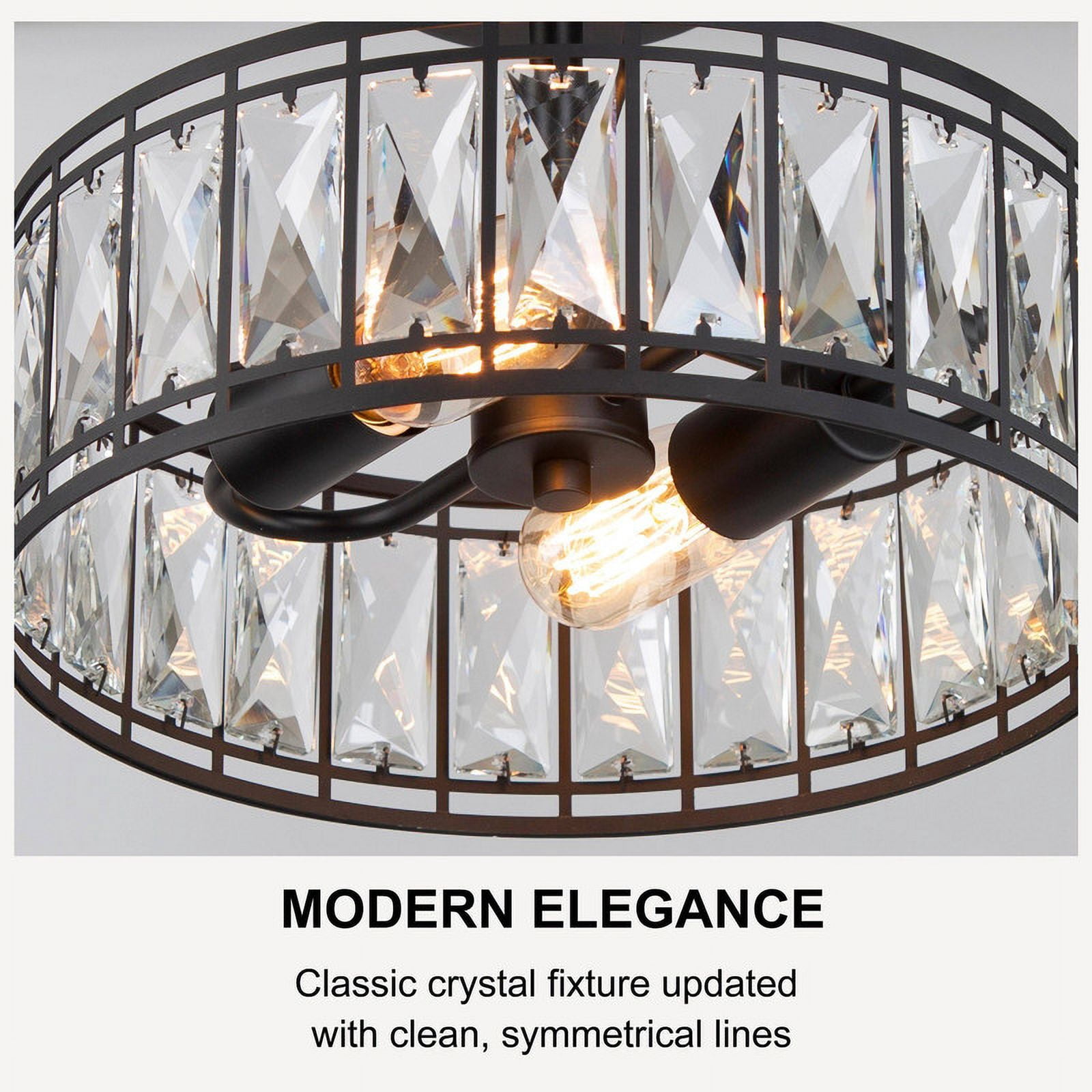 LNC 2-Light Matte Black Semi Flush Mount with Crystal Accents, Modern Ceiling Light