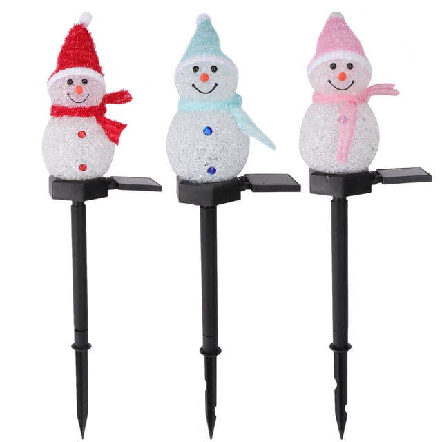 3 lámparas solares de resina con forma de muñeco de nieve para insertar en el suelo, para manualidades al aire libre