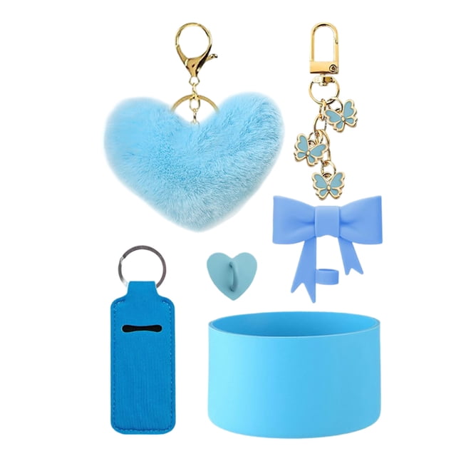 Colgante bola de pelo, juego de tazas de silicona, lazo, pajita, pareja de peluches, llavero con forma de corazón
