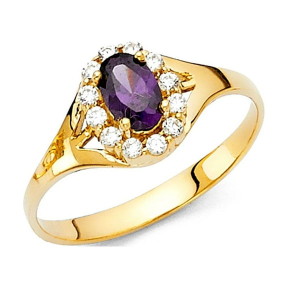 Purple CZ Oval Halo Ring Solid 14k Yellow Gold Band Cocktail Ring Fashion Polished Finish Fancy, Size 7