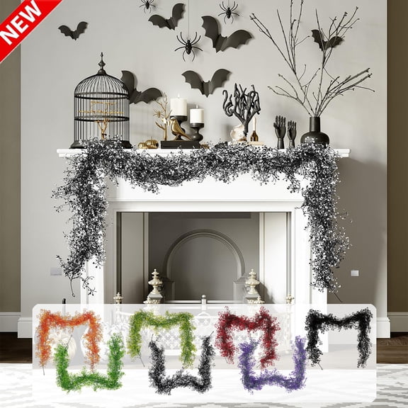 Qocolcyl Orange Artificial Gypsophila Garland 71 Inch,Hanging Faux Floral Rattan Vine Swag,Fall Halloween Decorations, Indoor Outdoor Mantel Stair Door Window Haunted House Party Table Decor Supplies
