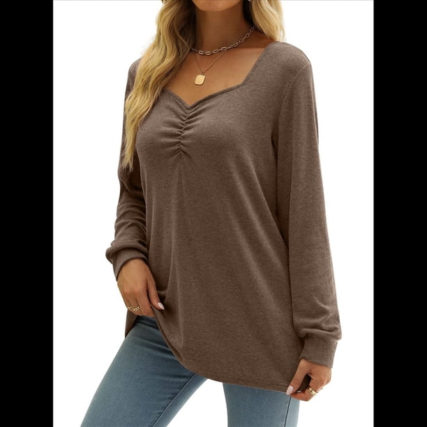 Blusa Elegante Informal con Cuello en Forma de Corazón y Larga para Mujer, Color Liso, Estilo Túnica, Tipo Suéter. Café XXL