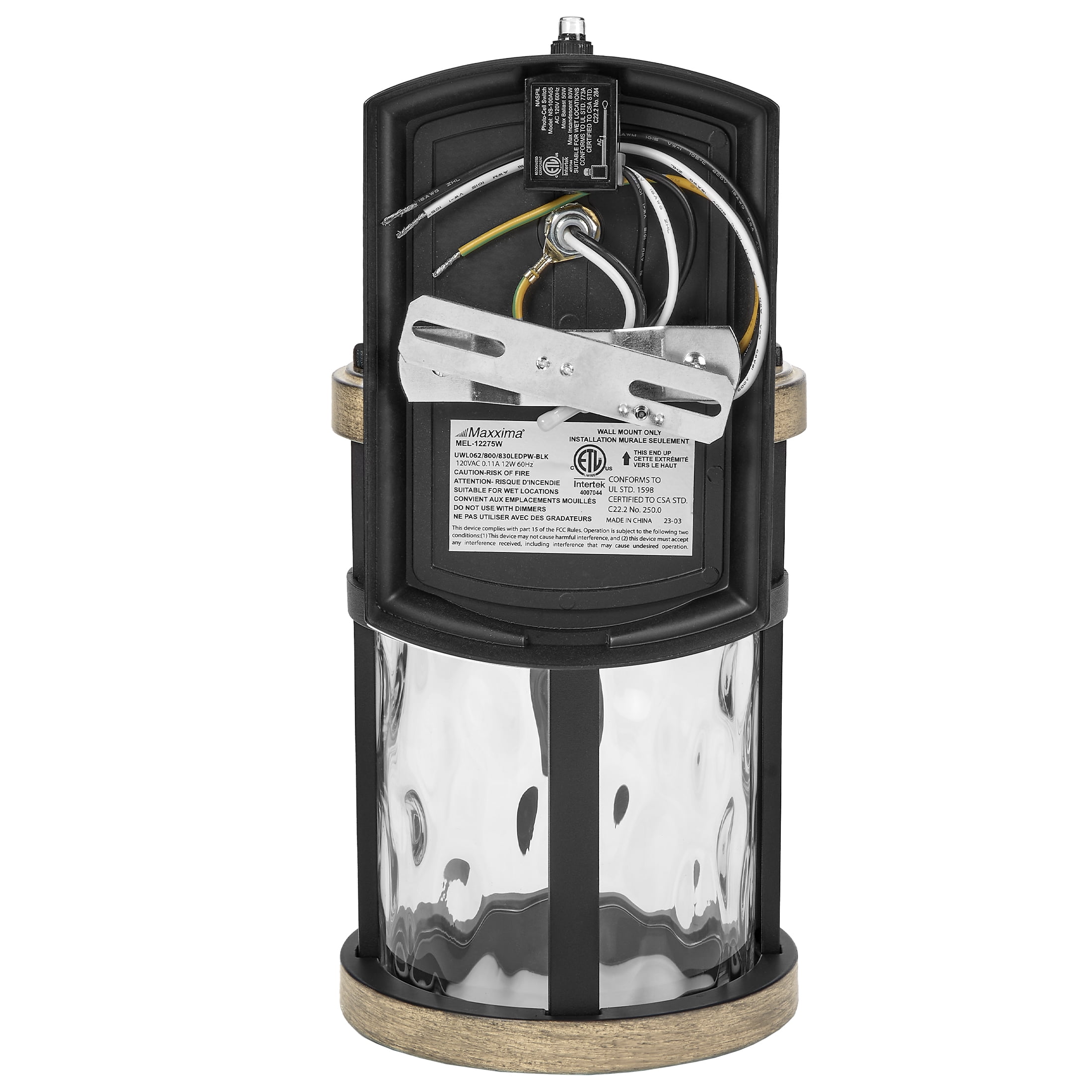 Maxxima LED Outdoor Wall Light, Black w/ Wood Grain Style Finish, Clear Hammered Glass, 800 Lumens, 3000K Warm White, Dusk to Dawn Sensor, Farmhouse Wall Mount Sconce, Rustic Coach Lantern