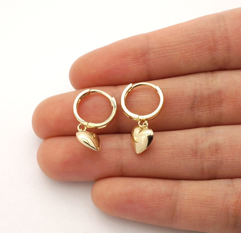 14k Yellow Gold with White CZ Accent and Heart with Blue Evil Eye Dangle Huggies Earrings, 22mm X 9mm 14k Yellow Gold with White CZ Accent and Heart with Blue Evil Eye Dangle Huggies Earrings, 22mm X 9mm