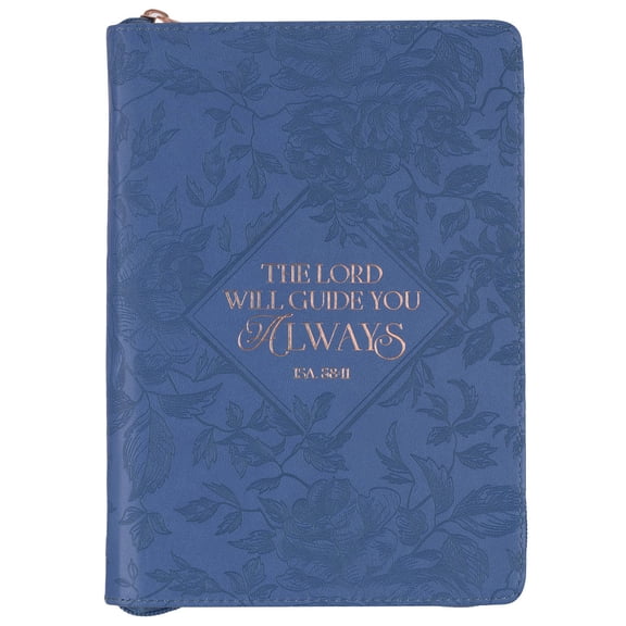 Christian Art Gifts Blue Vegan Leather Zipped Journal, Inspirational Women’s Notebook The Lord Will Guide Scripture, Flexible Cover, 336 Ruled Pages, Ribbon Bookmark, Isa. 58:11 Bible Verse