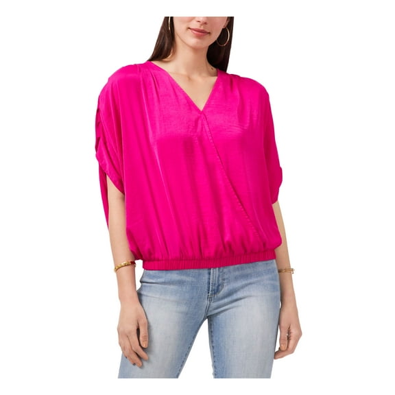 VINCE CAMUTO Womens Pink Pleated Tie Tie V-back Elasticized Waist Dolman Sleeve V Neck Top L