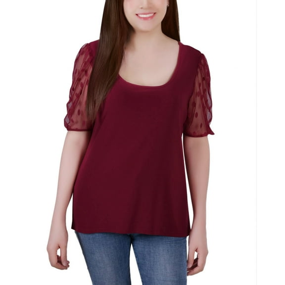 Petite Mesh Dot Elbow Sleeve Crepe Top Burgundy PL