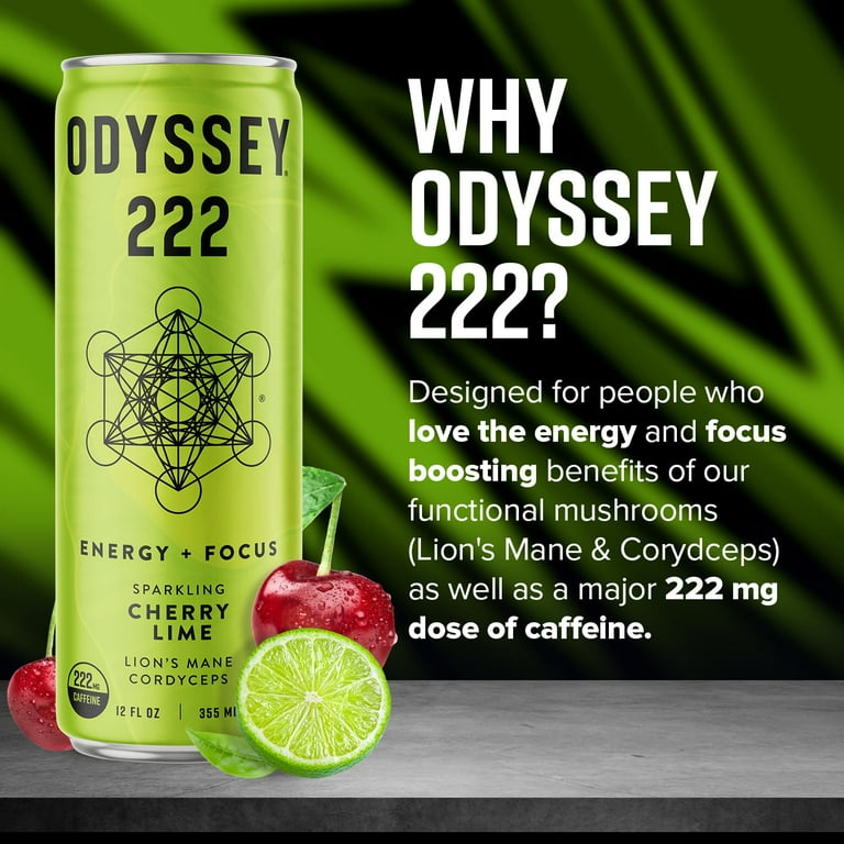 Pack of 12), Odyssey 222mg Sparkling Energy + Focus - Cherry Lime