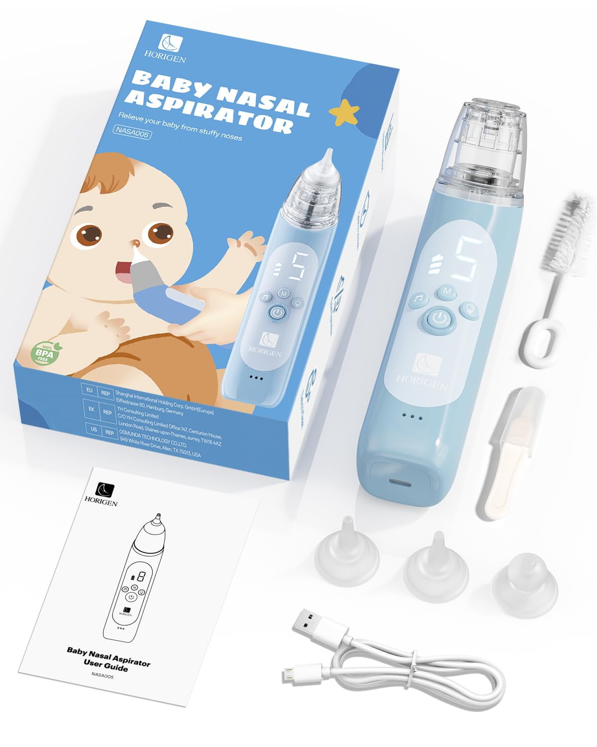 Electric Nasal Aspirator for Baby - 5 Adjustable Suction Levels, USB-C Rechargeable Nose Sucker with 3 Silicone Tips, LED Light & Soothing Music, Baby Mucus Cleaner for Newborns & Toddlers