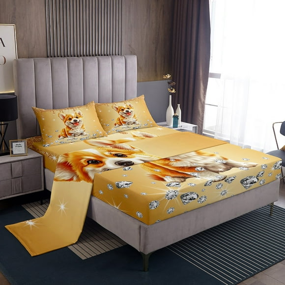 Erosebridal Kawaii Corgi Queen Sheet Sets For Kids,Bling Sequin Print Bedding Sets Queen Size,Crystal Room Decorative,Ultra Soft,4-Piece