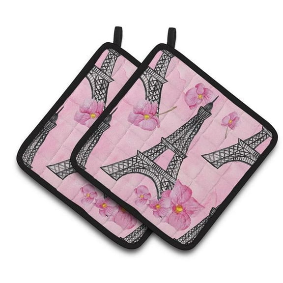 Watercolor Pink Flowers & Eiffel Tower Pair of Pot Holders