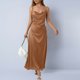 thumbnail image 4 of Maxi Vestido Formal para las Mujeres Satín Cuello de Vaca Correa de Espagueti Color Sólido Elegante Vestido Ajustado, Vestido de Noche de Poliéster Suave, 4 of 7