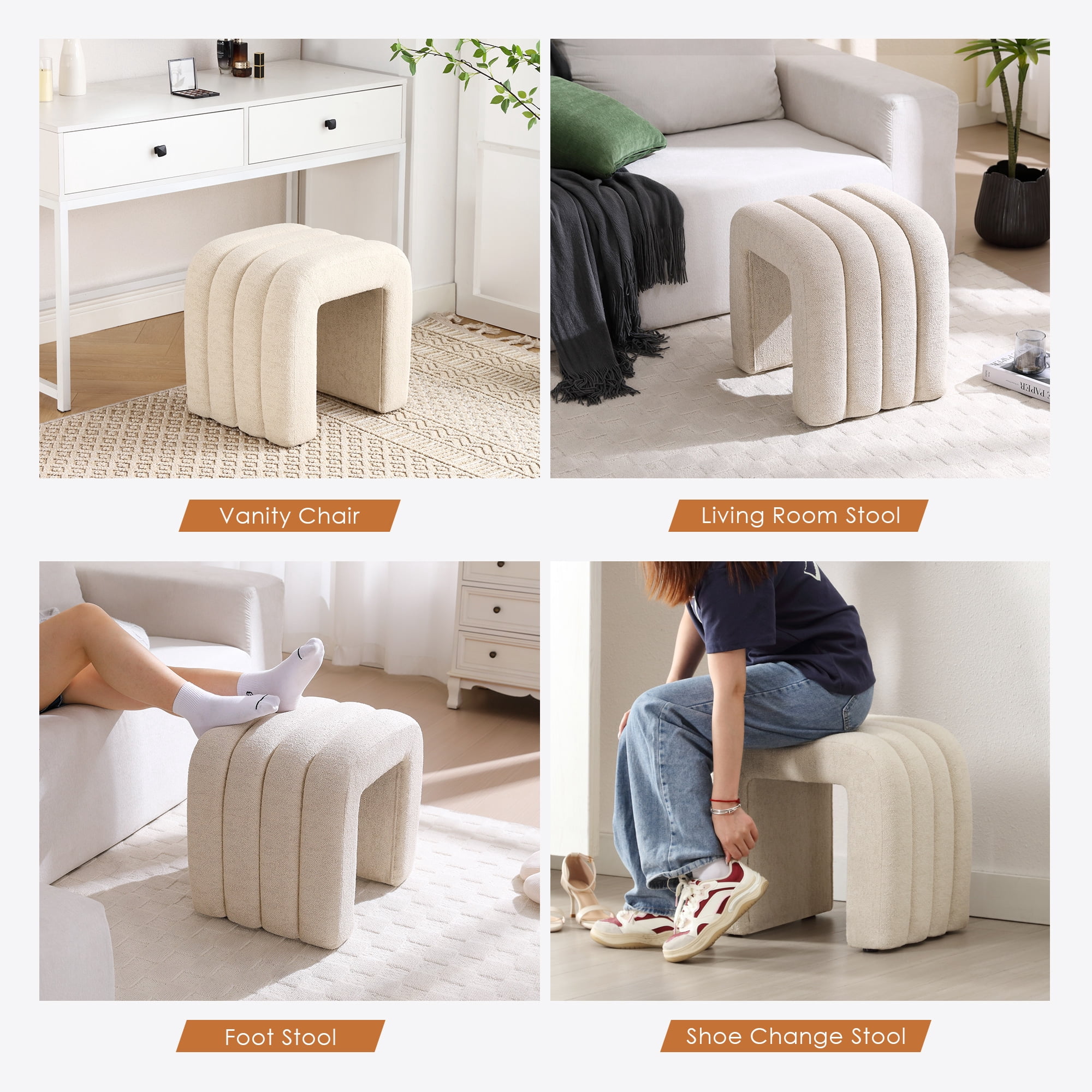 Zesthouse Multi-Functional Ottoman Stool, Tufted Linen Foot Stools Ottoman for Couch, Modern Vanity Stool for Living Room, Bedroom and Entryway, Beige
