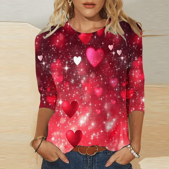 EchfiProm Shirts for Women Heart Printed Valentines Day Graphic Tees Valentine 3/4 Sleeve Gifts Multicolor Womens Tops Elegant
