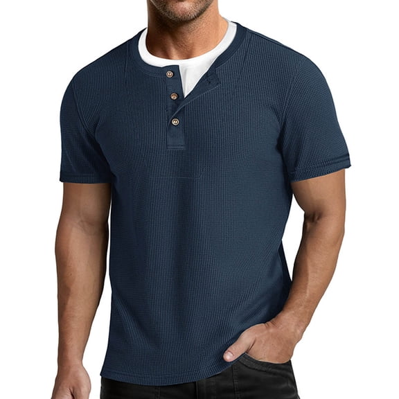 Fnnxeal Mens T-Shirts Solid Casual Short Sleeve Crew Neck Button Summer Navy Shirts for Men Size M