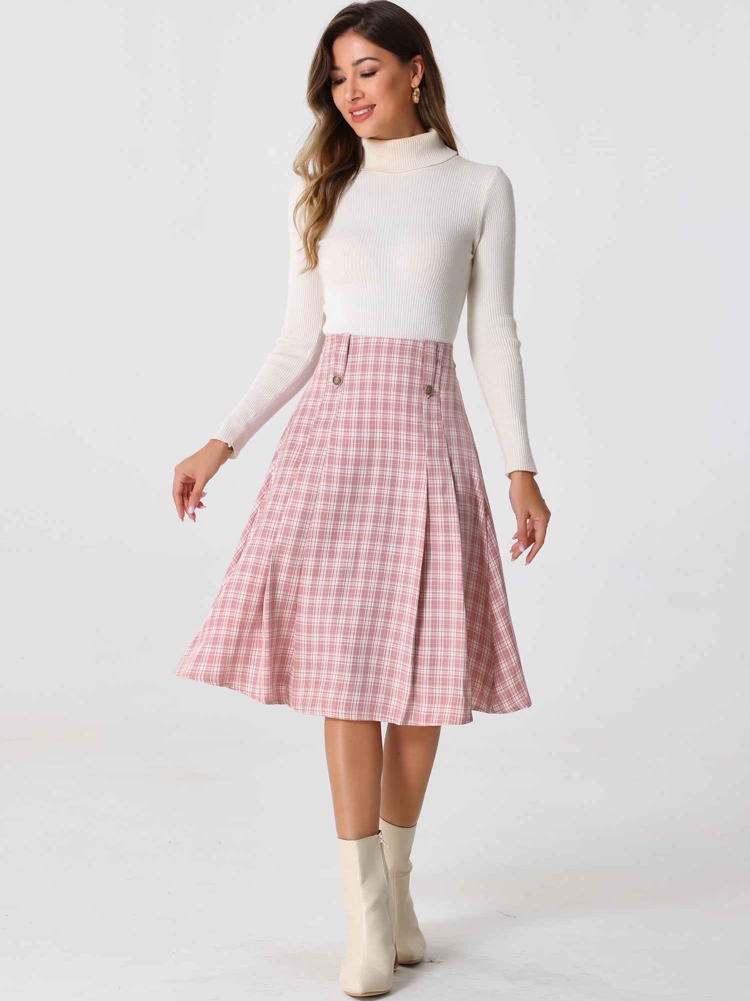 DARING DIVA Women's Vintage Plaid Pleated A-Line Midi Skirt M Pink