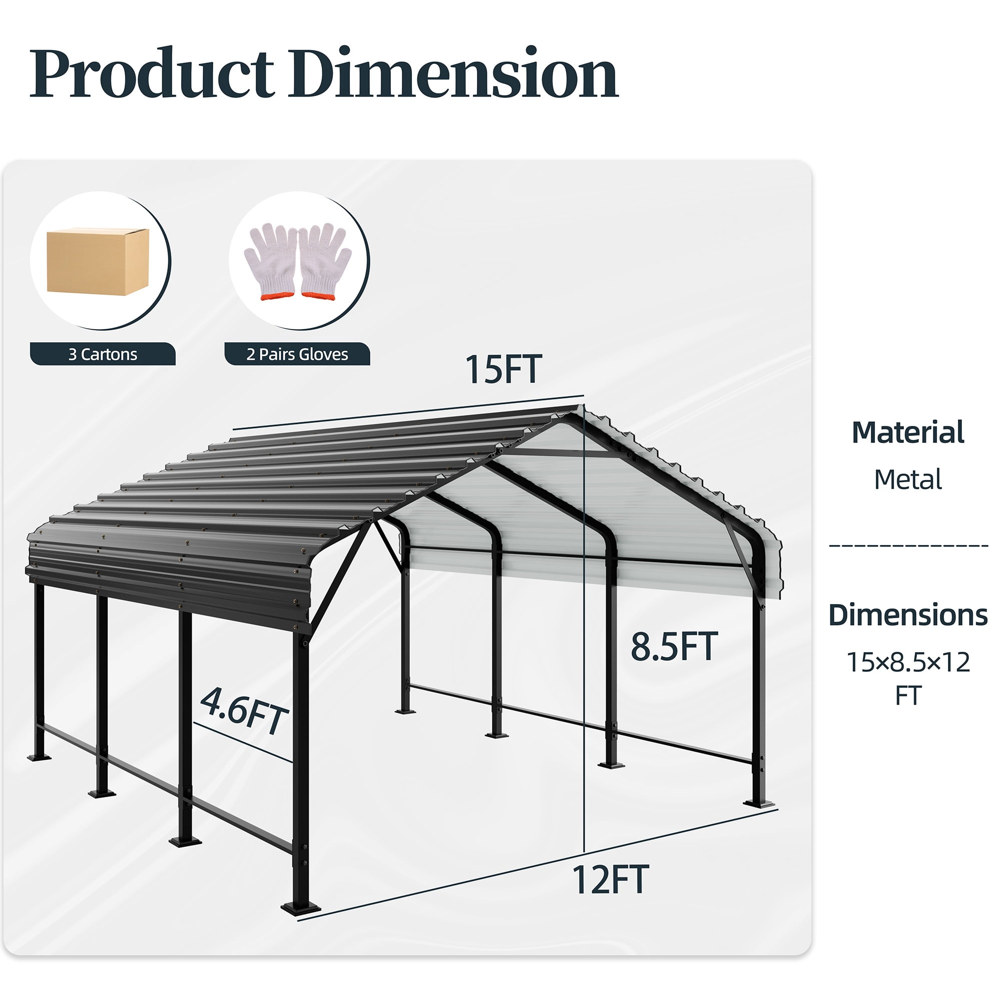 Walsunny Steel Carport 12X15 FT Heavy Duty Carport Canopy with Galvanized Steel Roof and Frame Metal Carport