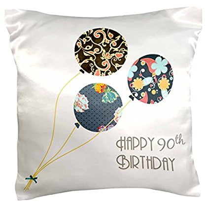 3dRose Happy 90th Birthday - Modern stylish floral Balloons. Elegant black brown blue 90 year old Bday, Pillow Case, 16 by