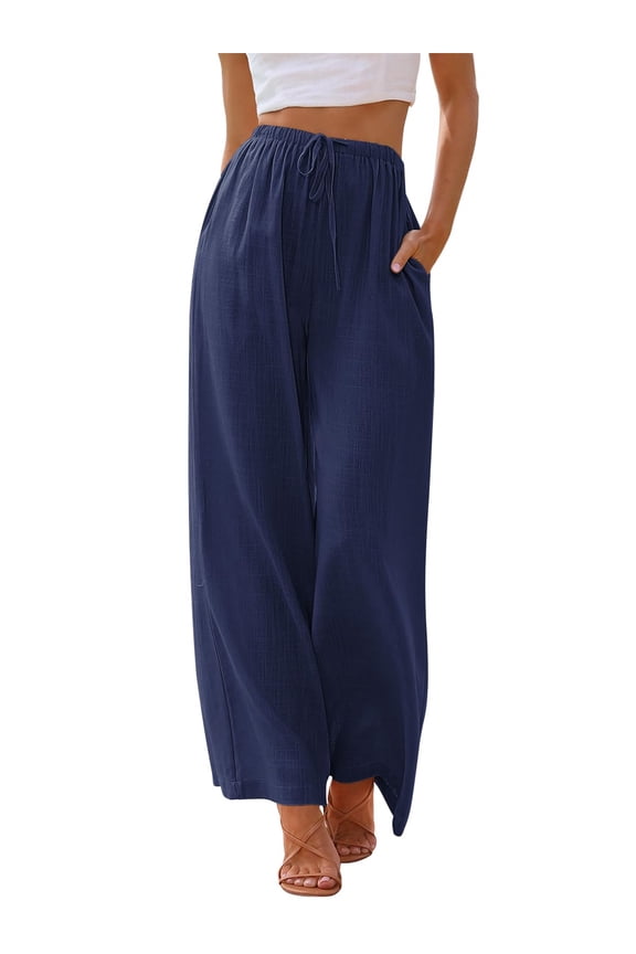 Pants for Women Wide Leg Linen Pant Casual Palazzo Summer Flowy Pants with Pocket Navy Blue Drawstring Loose Lounge Pants L