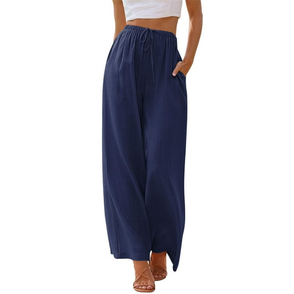 TEMOFON Pants for Women Wide Leg Linen Pant Casual Palazzo Summer Flowy Pants with Pocket Navy Blue Drawstring Loose Lounge Pants L