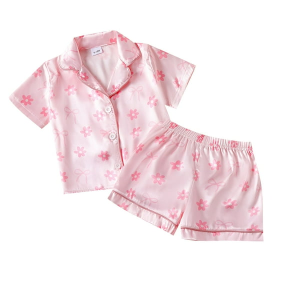 WOYY Girls Summer Silk Satin Pajamas Bow Print Short Sleeve Shirt Shorts Sleepwear Set, Sizes 6-12M