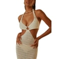 thumbnail image 4 of Qmyliery Women's Summer Long Evening Dress Solid/Striped Hanging Neck Backless Bandage Dress, 4 of 6