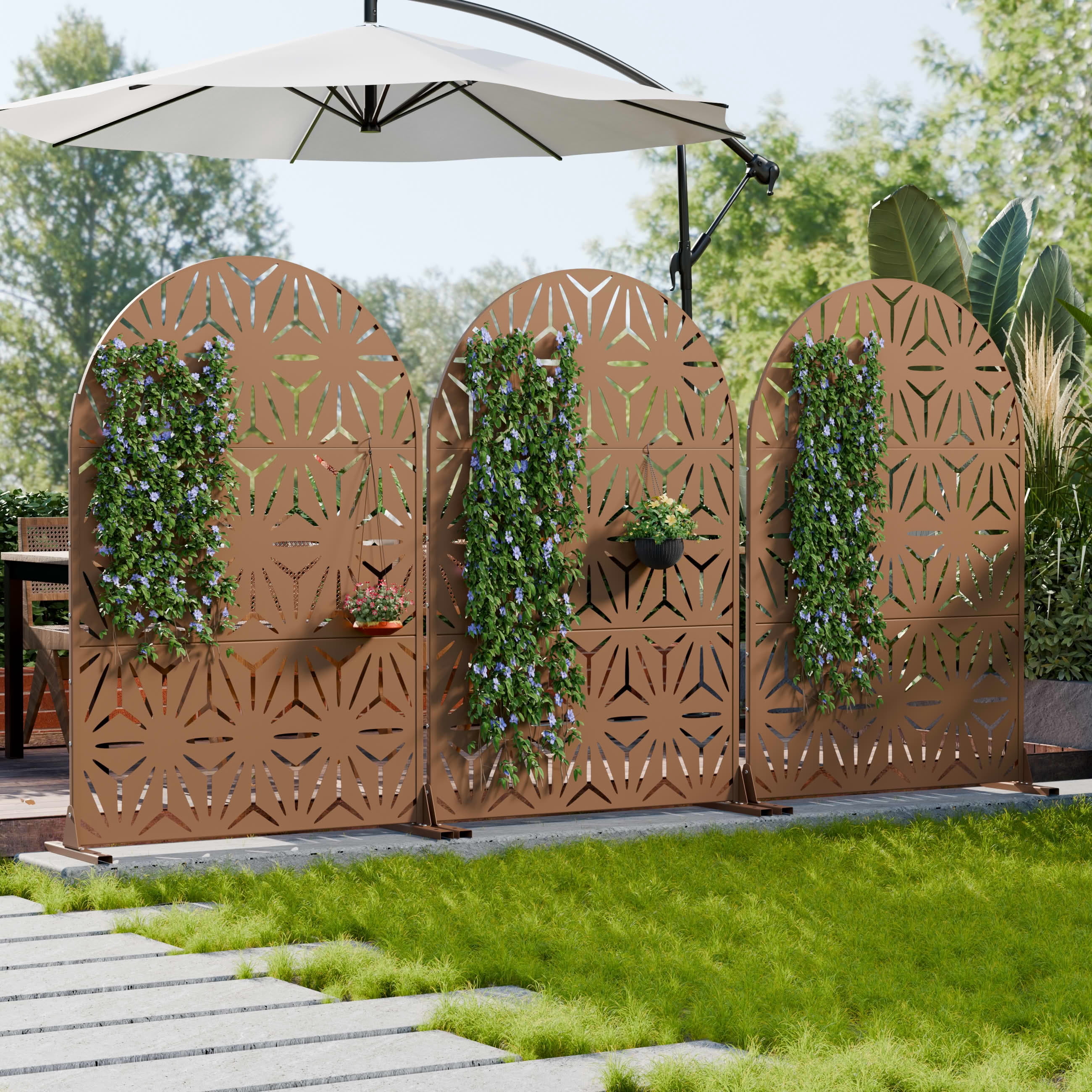 MAYEERTY Outdoor Metal Privacy Screen 6ft × 4ft Brown, 3-Panel Geometric Y-Pattern Decorative Screen for Garden