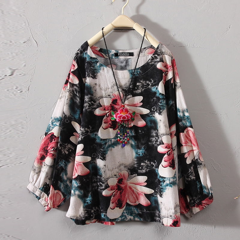 ZANZEA Women Round Neck Long Sleeve Floral Printed Loose Cotton Casual ...