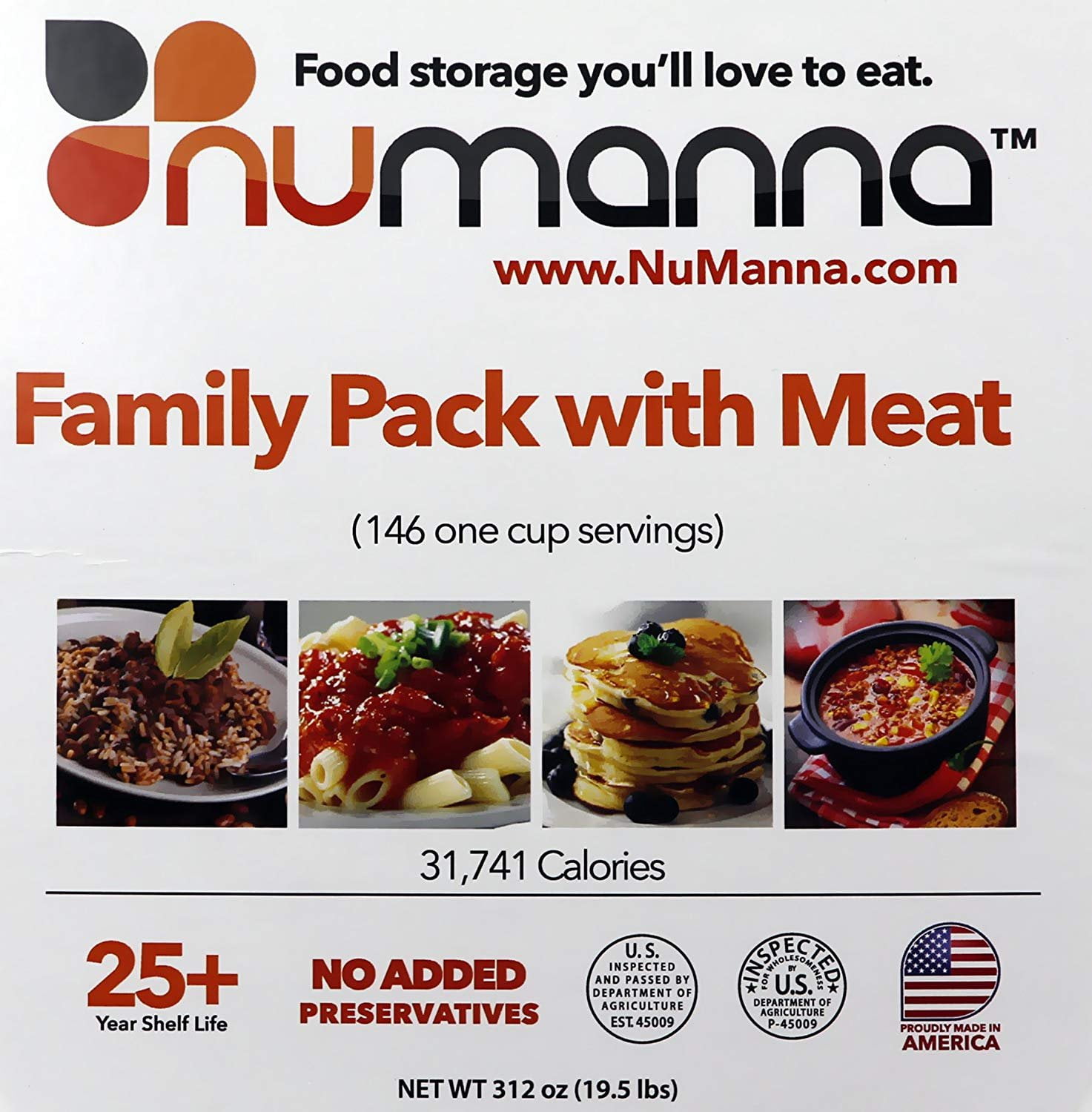 Numanna Family Pack with Meat 146 Servings Made In USA, No Added Preservatives 25+ Year Shelf Life 31,741 Calories Per Bucket Easy to Prepare Emergency Food Family Meat Survival Pack