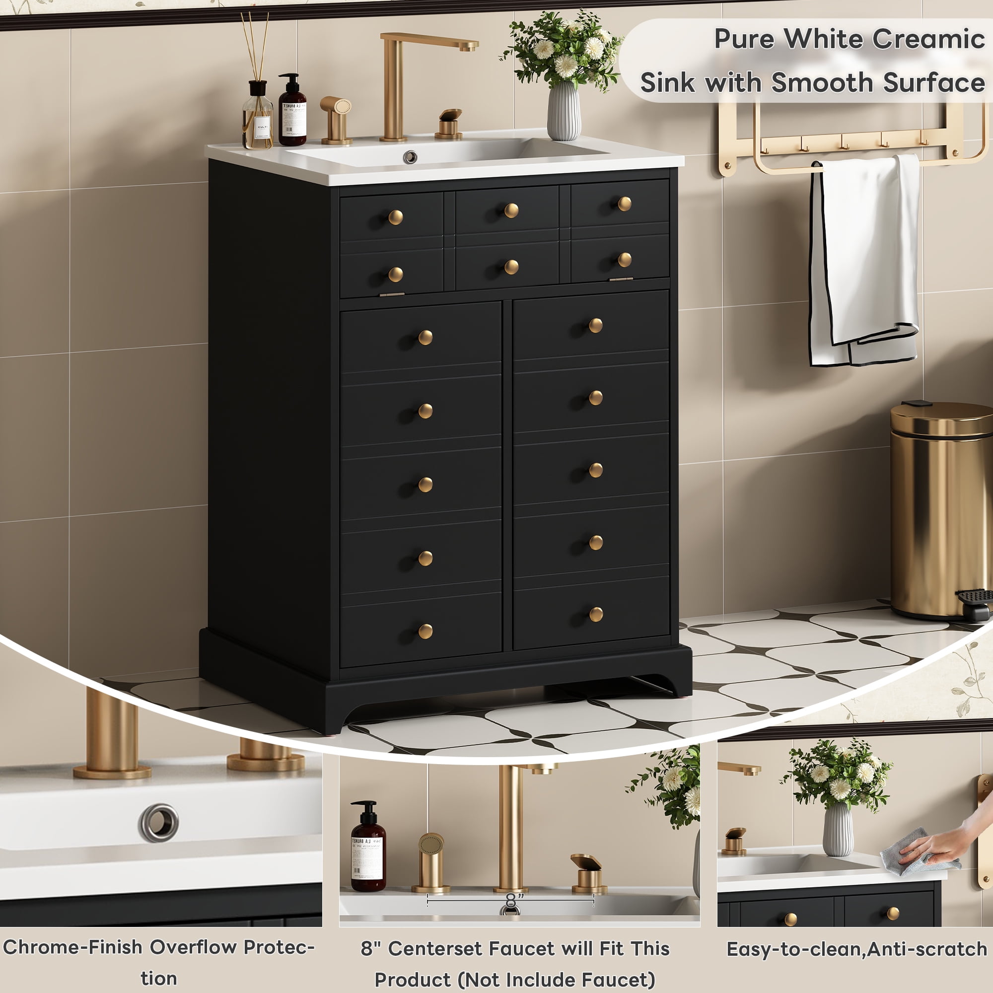 Euroco 24" Bathroom Vanity with a Drawer & Two Soft-Closing Doors, Painted Modern Bathroom Storage Cabinet with Ceramic Sink, Stylish Single Sink Cabinet for Small Spaces